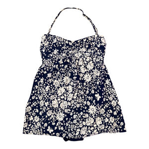 Floral Print Halter One-Piece Swimsuit, Navy Blue and White, Size 8